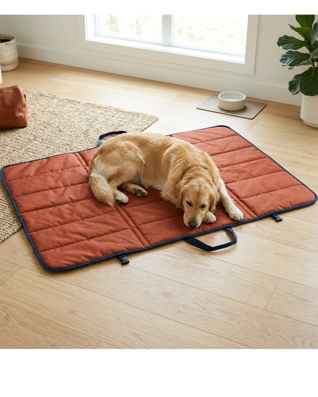Zentran XL Folding Dog Travel Mat 120 x 85 cm Rust and Navy - Lifestyle view